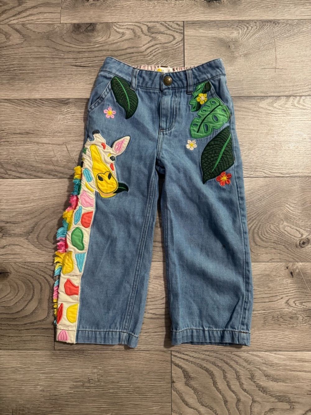 Girls' Blue Denim Giraffe Appliqué Pants